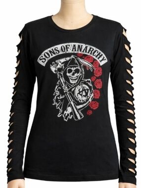 Sons of Anarchy Graphic T-shirt Women M Black Cutout Sleeve  Punk Grunge Biker